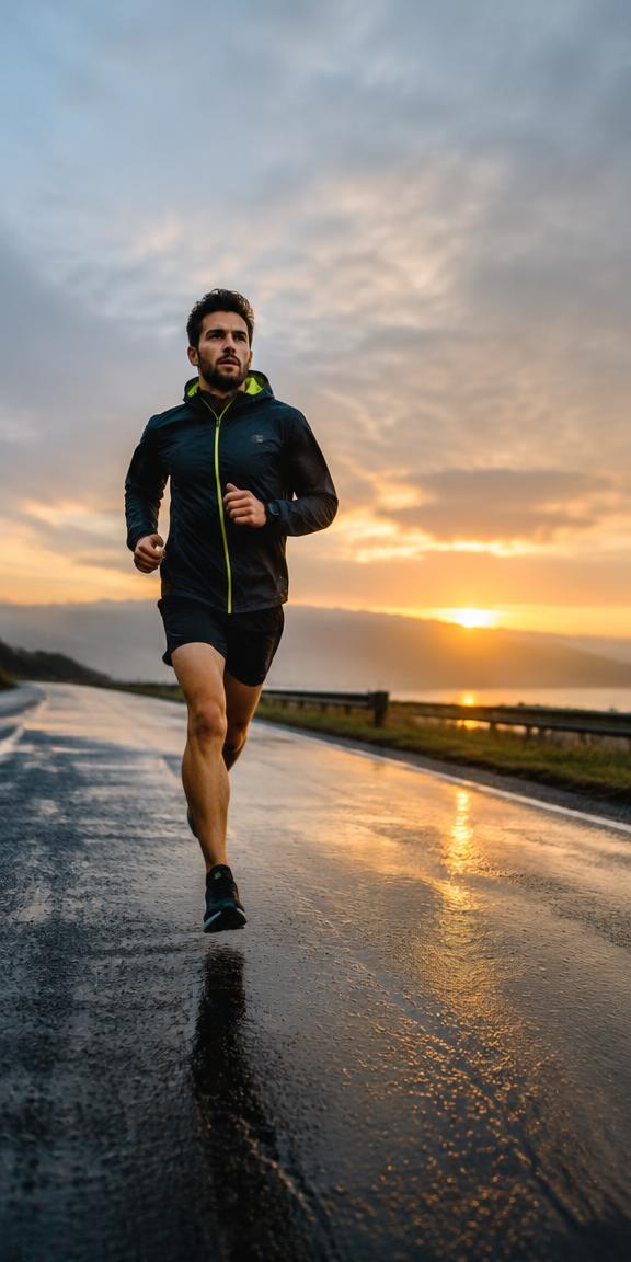 Runner on a wet road at sunrise