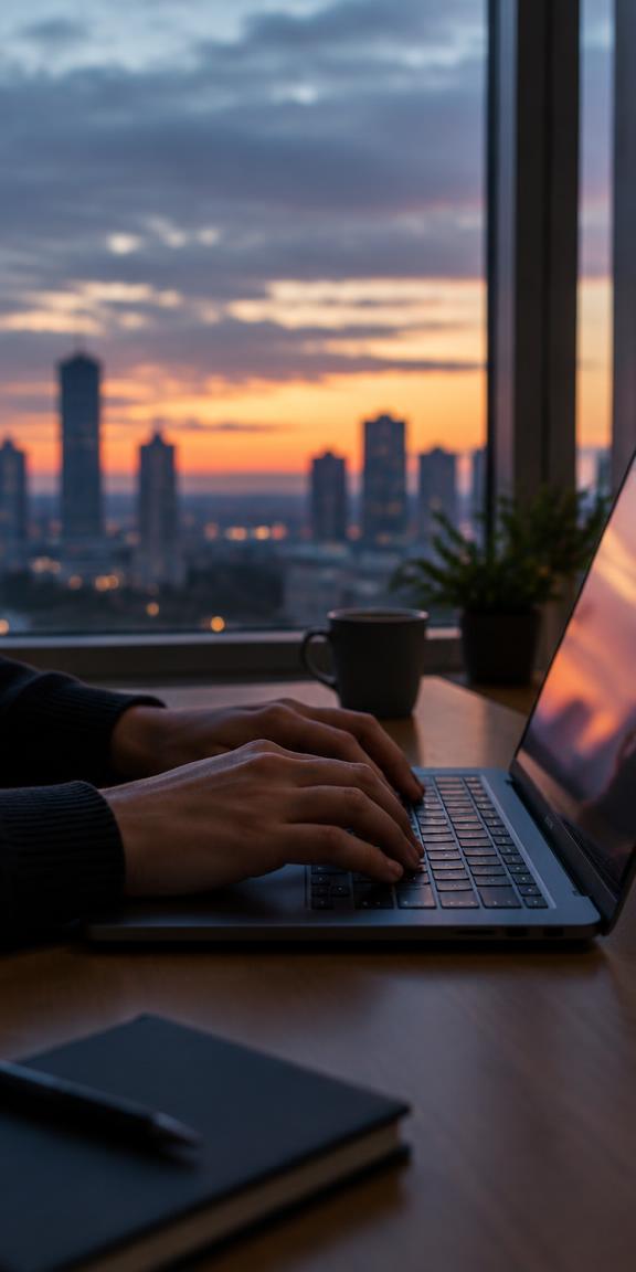 Creator working by a city window